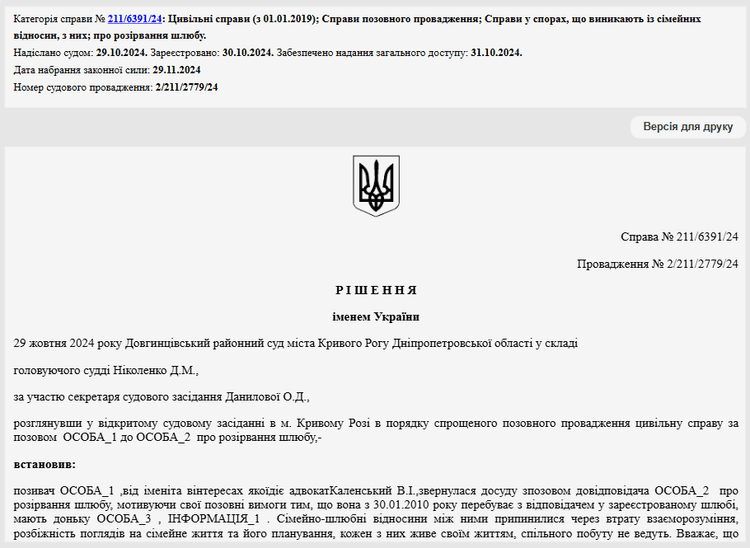 Рішення суду про розірвання шлюбу від 29 жовтня 2024 року Рішення суду про розірвання шлюбу від 29 жовтня 2024 року