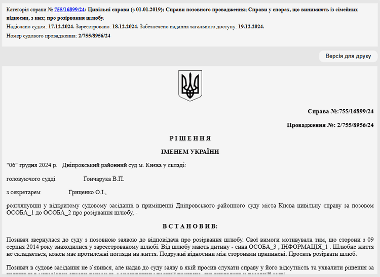 Рішення суду про розірвання шлюбу від 06 грудня 2024 року Рішення суду про розірвання шлюбу від 06 грудня 2024 року